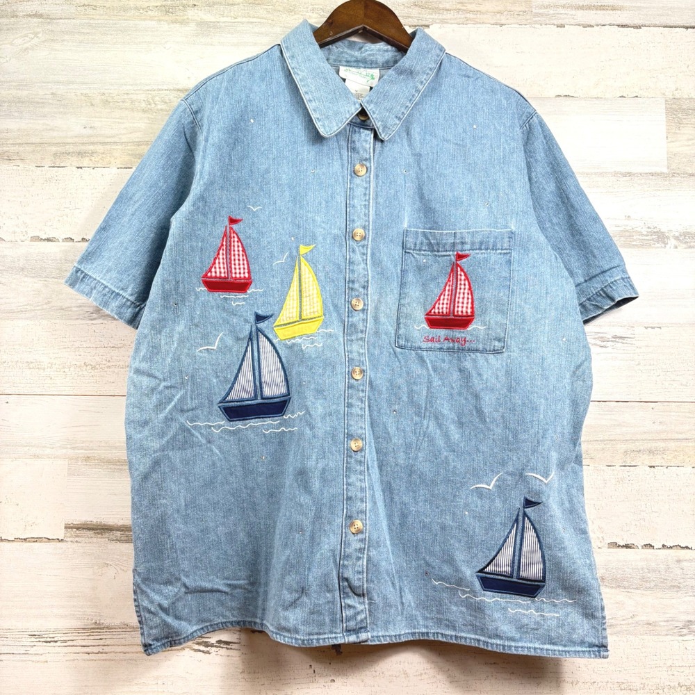 The Quacker Factory Denim Shirt Size 1X Blue Sailboat Rhinestone Coastal Summer